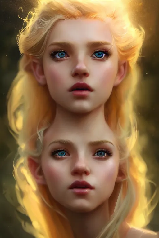 Image similar to cinematic shot of an epic portrait of a cute blonde fairy dressed in military clothes, stylised military clothes, shiny skin, beautiful eyes, beautiful, small details, night setting, realistic poster with volumetric light from craig mallism, artgerm, jeremy lipkin and michael garmash, unreal engine, radiant light, digital art, trends at art station, a masterpiece