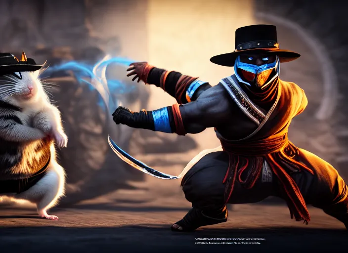 Image similar to hamster dressed as sub zero fights a cat dressed as kung lao in mortal kombat on the background of a laughing shao khan. fantasy magic style. highly detailed 8 k. intricate. lifelike. soft light. sony a 7 r iv 5 5 mm. unreal engine with nanite and path tracing