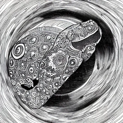 Image similar to black and white ink doodle illustration of a hippo shaped planet in interstellar space, style by peter deligdisch, peterdraws