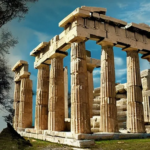 Prompt: a photograph of an ancient greek temple, surrounded by flying air bisons, dreamy, blooming ecosystem,