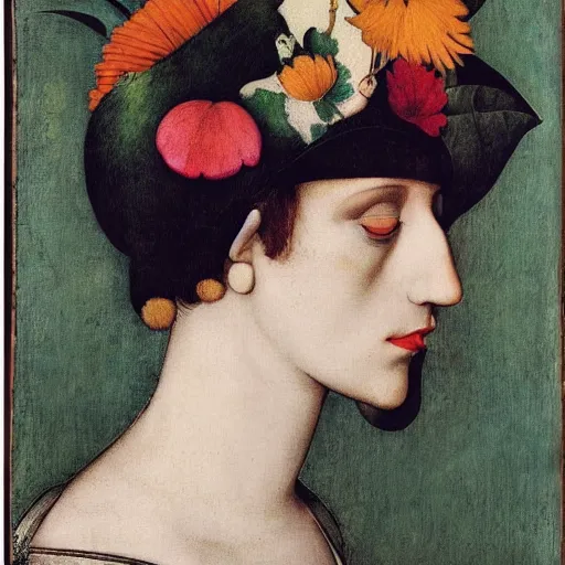 Prompt: portrait of a harpy changing into a flower, fashion editorial by hans holbein and alexej von jawlensky