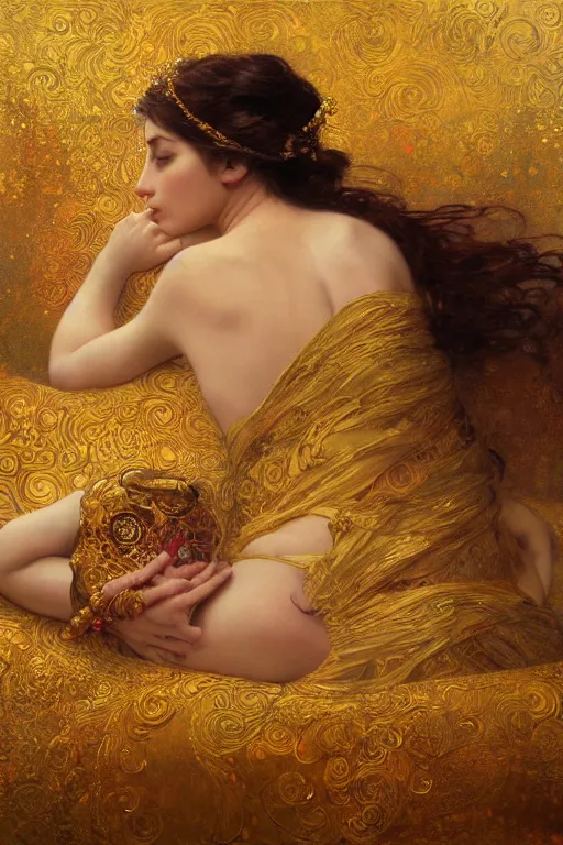 Image similar to an intricate artistic pose painting of a beautiful young goddess with an artistic sensual pose in bed with klimt golden motives and textures, hyper detailed, ornamental gold headpiece, octane render, vivid colors, artstation, by jeremy mann, by alphonse mucha, by boris vallejo