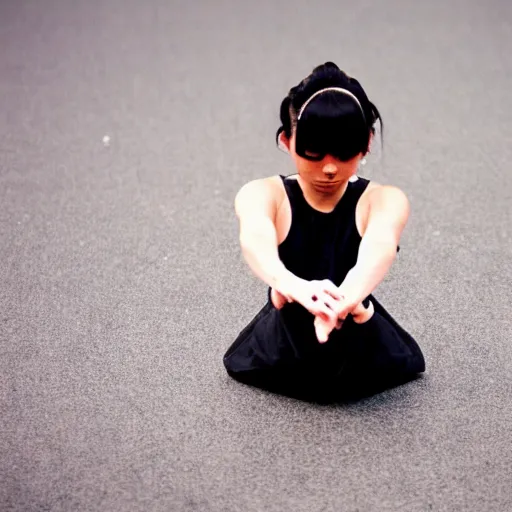 Prompt: a still photo of a young japanese girl breakdancing