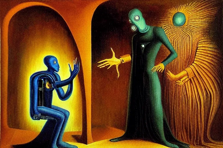 Image similar to a beautiful masterpiece painting of a cybernetic technomancer wizard consulting his AI djinn by Remedios Varo