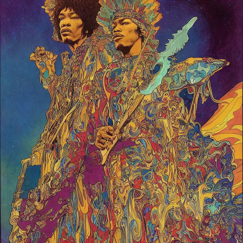 Prompt: colorfull artwork by Franklin Booth and Alphonse Mucha showing a portrait of Jimi Hendrix as a futuristic space shaman, Jimi Hendrix as a futuristic space shaman by Moebius