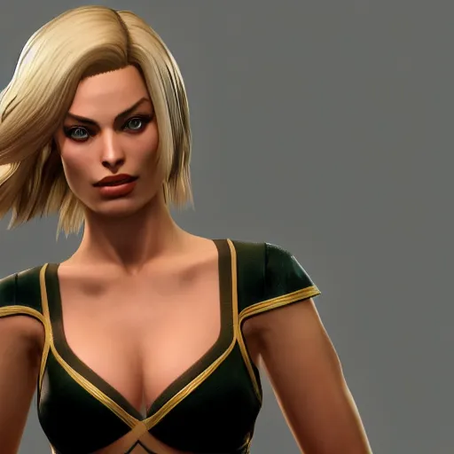 Image similar to margot robbie as a fighter in king of fighters 1 5, unreal engine 5, 4 k, photorealism, very detailed, ultra high quality