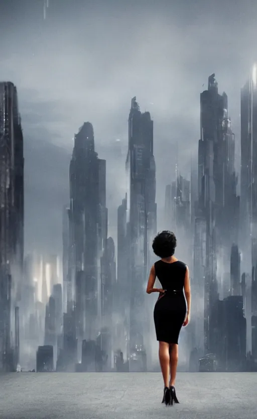 Prompt: an elegant Black woman in dress and heels, her back is to us, looking at a futuristic Blade Runner city,