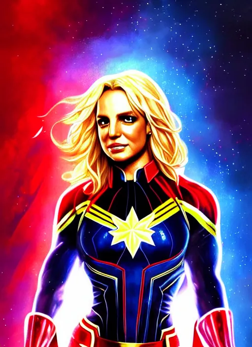 Image similar to britney spears as captain marvel, intricate, elegant, glowing lights, highly detailed, digital painting, artstation, glamor pose, concept art, smooth, sharp focus, illustration, art by artgerm and greg rutkowski, artey freytag