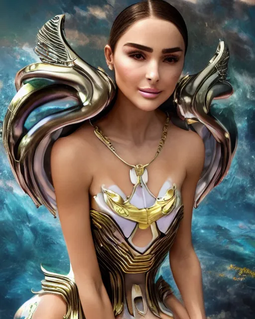 Prompt: Olivia Culpo as Miku, clear makeup, clean hair, dry skin, clear skin, airbrushed, bright eye makeup, warrior body, photo by mario testino, 8k octane render, cinematic, hyper detailed, micro details, insanely detailed, trending on artstation, concept art, Peter Paul Rubens and Peter Mohrbacher style, rococo baroque