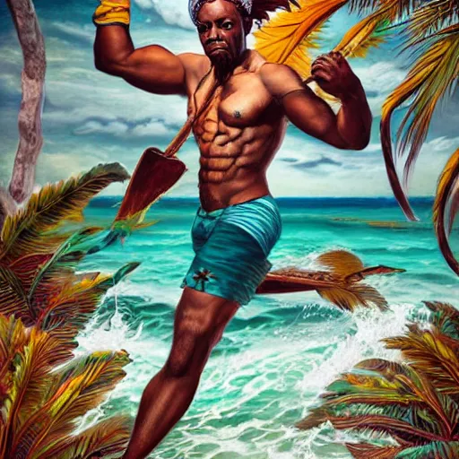 Image similar to Jamaican fisherman wearing calico cloth and posing in a battle stance in the Jamaican sea, style by Ross Tran and Artgerm and Peter Mohrbacher