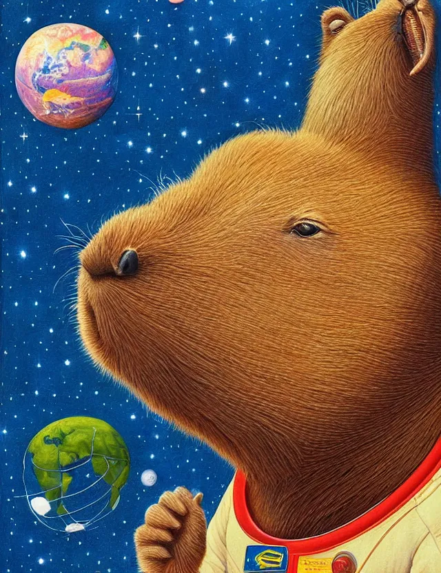 Prompt: beautiful detailed painting of a capybara in a spacesuit floating above earth by casey weldon by mark ryden by thomas blackshear