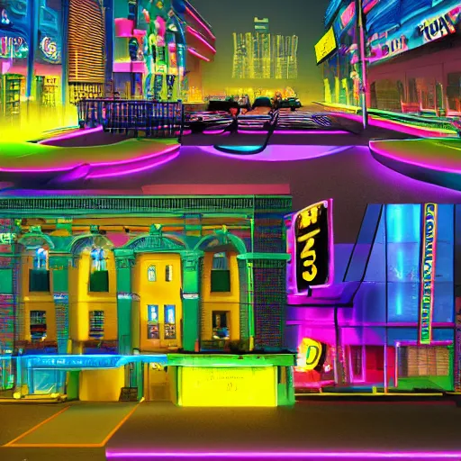 Prompt: A 3D render of a city disaster distopia of various people running around with vivd neon colors, building, street signs, explosions, with a lot of details and elements, 4k, surrealism Dalí