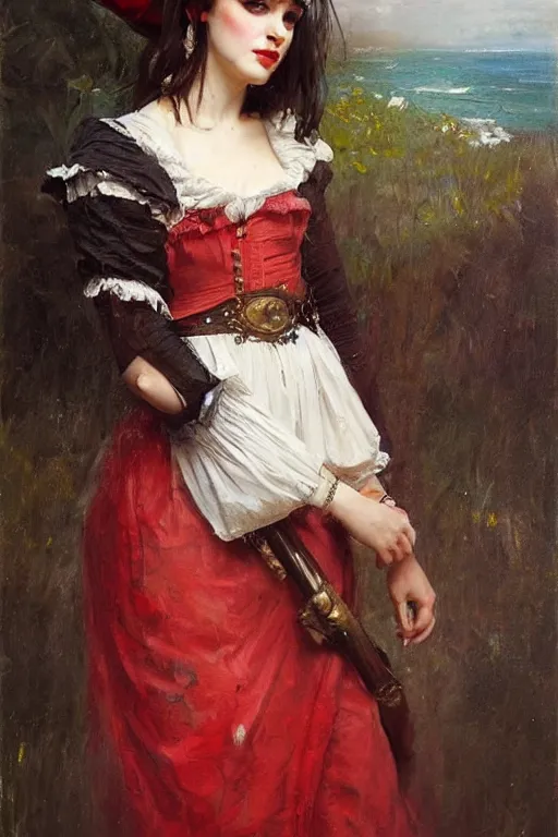 Image similar to Solomon Joseph Solomon and Richard Schmid and Jeremy Lipking victorian genre painting full length portrait painting of a young beautiful woman traditional german french fashion model pirate wench in fantasy costume, red background