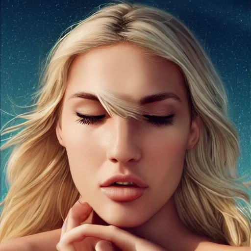 Image similar to a very beautiful blonde woman with her head leaning backwards, god ray across her face, eyes closed, front shot, close - up, hyper detailed, high contrast, bokeh background, realistic, digital art by magali villeneuve and artgerm, sharp focus 4 k