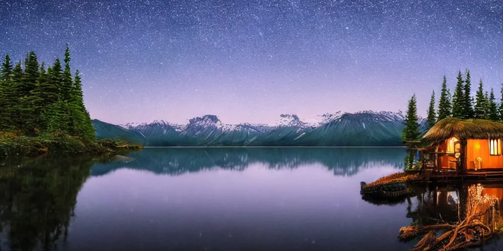 Prompt: Studio Ghibli cozy hut Alaskan lake at night, stars, reflection beautiful HD