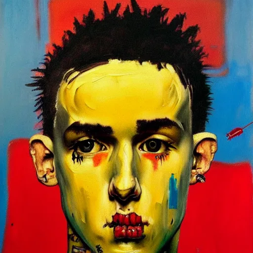 Prompt: detailed neo expressionism oil painting of sad boy lil peep rapper by basquiat and norman rockwell