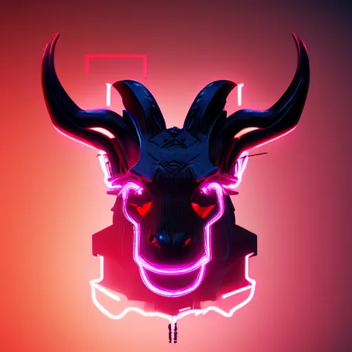 Image similar to synthwave demonic cyborg goat face with neon horns, detailed face, sharp focus, synthwave art, aesthetic, octane render, raw, cinematic