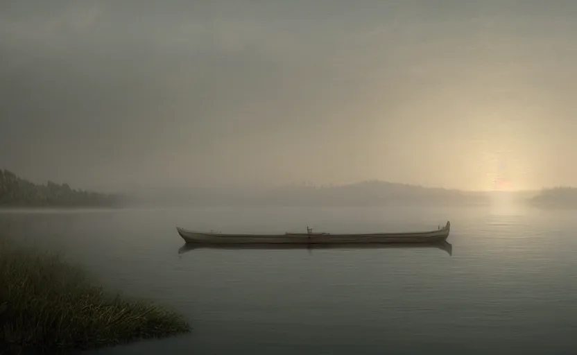 Image similar to a strange lake directed by charlie kaufman ( 2 0 0 1 ) anamorphic lenses, foggy volumetric light morning, a sad lonely row boat in the center, cinematic trending on artstation in the style of greg rutkowski