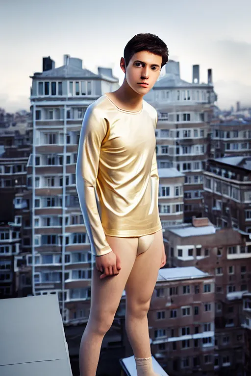 Image similar to un ultra high definition studio quality photographic art portrait of a young man standing on the rooftop of a british apartment building wearing soft padded silver pearlescent clothing. three point light. extremely detailed. golden ratio, ray tracing, volumetric light, shallow depth of field. set dressed.