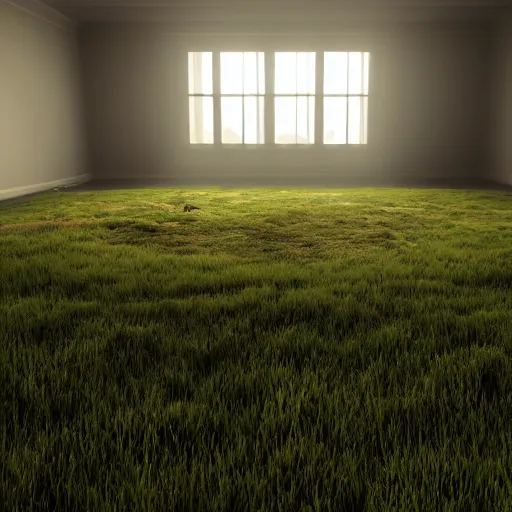 Prompt: a grassland inside an empty room, hyper realistic, atmospheric lighting, unreal engine, 8 k