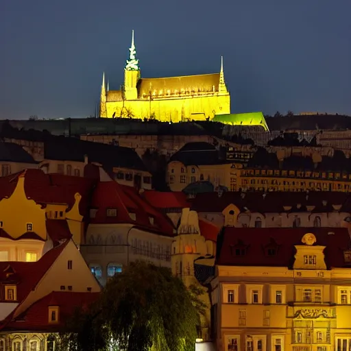 Prompt: ufo landing at the prague castle during the night, large flying saucer, dslr photography, aliens, volumetrics