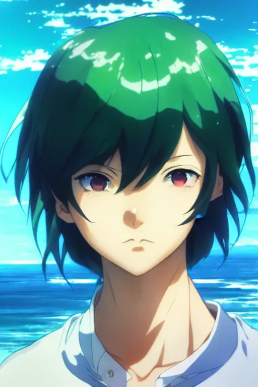Image similar to makoto shinkai, artgerm, ilya kuvshinov, beautiful anime women with green dress, long blue hair, water powers water swirling, symmetrical face, symmetrical eyes, detailed, beach setting, cinematic lighting