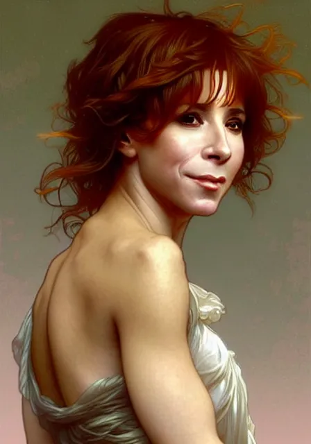 Image similar to french singer mylene farmer, intricate, elegant, highly detailed, digital painting, artstation, concept art, smooth, sharp focus, illustration, art by artgerm and greg rutkowski and alphonse mucha and william - adolphe bouguereau