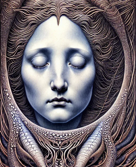 Image similar to detailed realistic beautiful moon goddess face portrait by jean delville, gustave dore, iris van herpen and marco mazzoni, art forms of nature by ernst haeckel, art nouveau, symbolist, visionary, gothic, neo - gothic, pre - raphaelite, fractal lace, intricate alien botanicals, ai biodiversity, surreality, hyperdetailed ultrasharp octane render