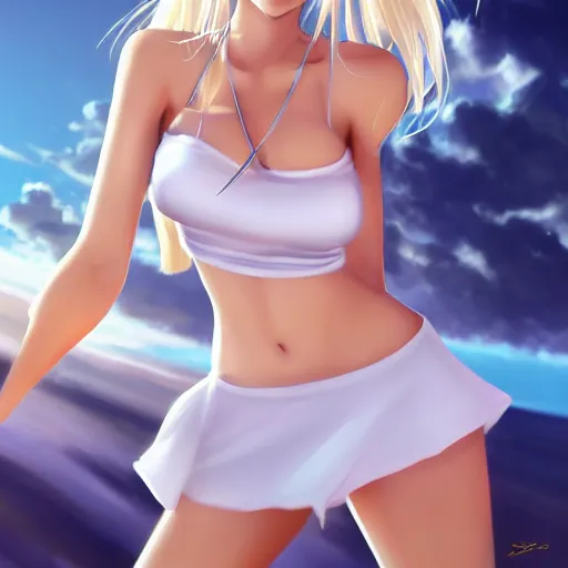 Image similar to full body shot : a very beautiful young blond tennis anime girl, sky blue eyes,, bikini, white miniskirt, highly detailed, cinematic wallpaper by stanley artgerm lau
