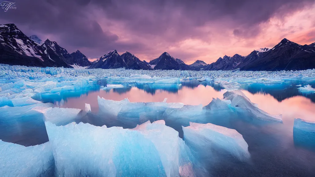 Image similar to amazing landscape photo of a glacier with lake in sunset by marc adamus, beautiful dramatic lighting