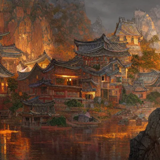 Prompt: artstation concept of an ancient korean village, bright colorful, gold, hyperdetailed, artstation trending, world renowned artists, worth1000.com, historic artworks society, antique renewel, cgsociety, by greg rutkowski, by Gustave Dore, Deviantart