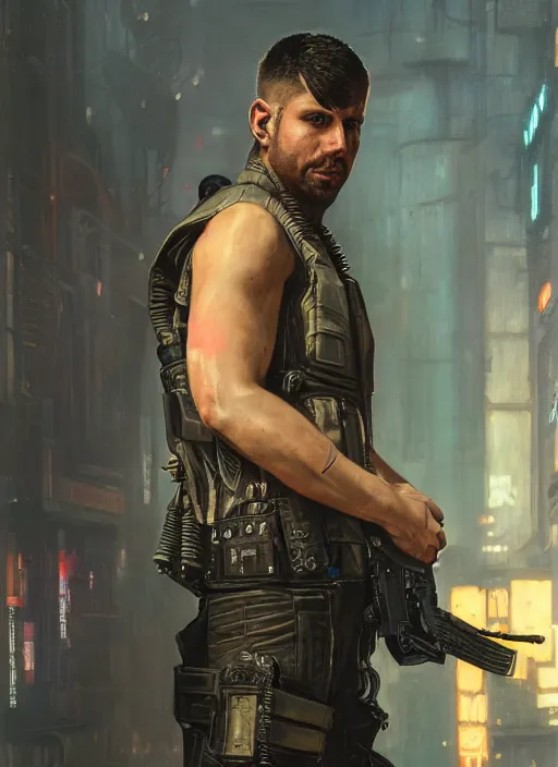 Image similar to rayne. cyberpunk mercenary in a military vest ( blade runner 2 0 4 9, cyberpunk 2 0 7 7 ). orientalist portrait by john william waterhouse and james gurney and theodore ralli and nasreddine dinet, oil on canvas. cinematic, hyper realism, realistic proportions, dramatic lighting, high detail 4 k