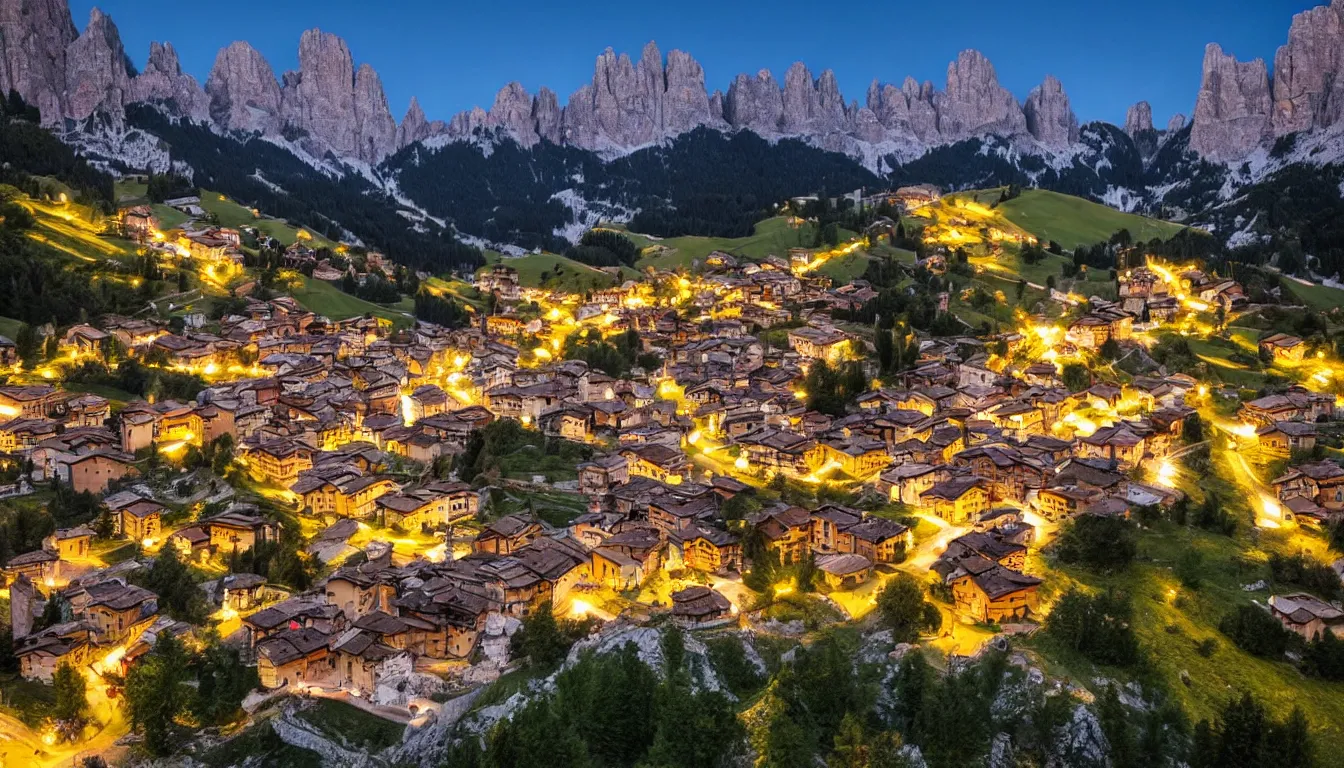 Prompt: an italian town in the dolomites mountains, night