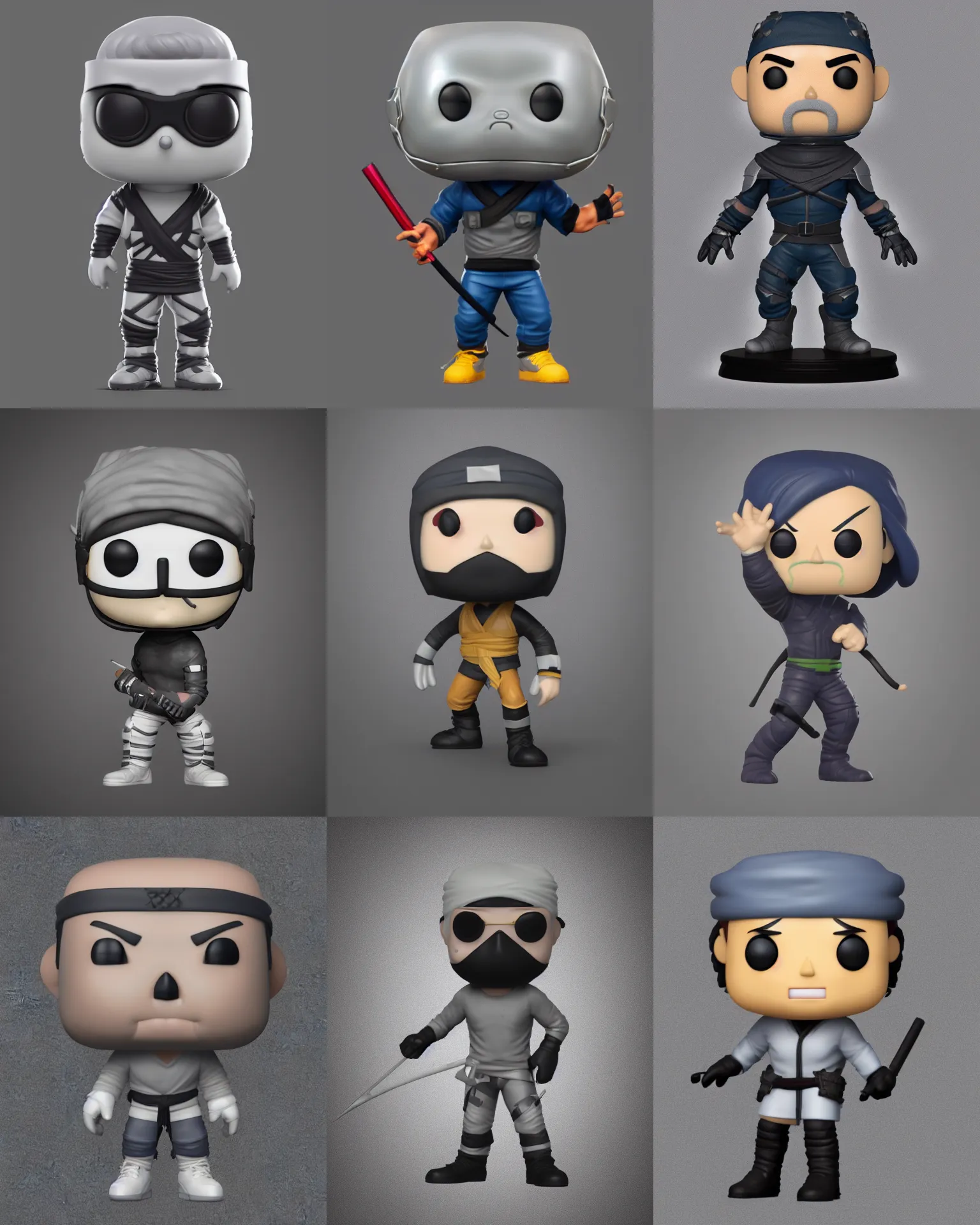 Prompt: full body 3 d render of ninja team leader as a funko pop!, studio lighting, grey background, single body, no shadow, blender, trending on artstation, 8 k, highly detailed