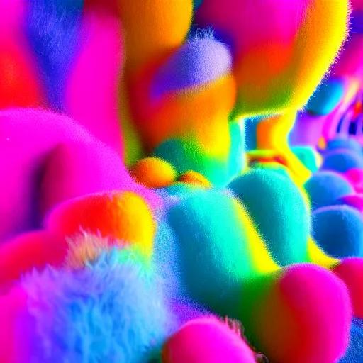 Image similar to : colorful abstract fuzzy sculpture on the wall in modern architecture, cinematic lighting, hyper - realistic, detailed, render by c 4 d octane, unreal engine, 8 k 3 d render