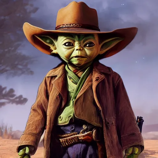 Image similar to Baby Yoda as a cowboy in Red Dead Redemption 2, intricate, highly detailed, digital painting, artstation, concept art, sharp focus, illustration, art by greg rutkowski and alphonse mucha