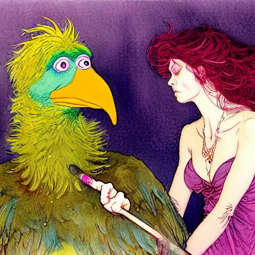 Prompt: a realistic and atmospheric watercolour fantasy character concept art portrait of big bird with pink eyes wearing a wife beater and smoking a huge blunt by rebecca guay, michael kaluta, charles vess and jean moebius giraud