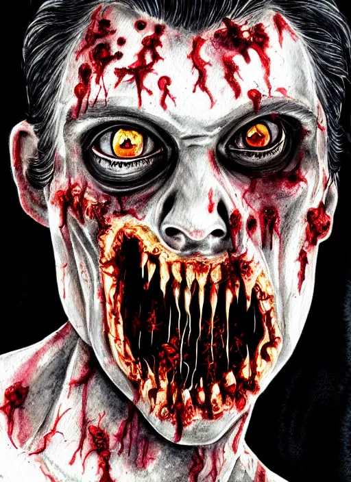 Image similar to zombie hollywood professional acting headshot, hyperrealism, intricate detailed, studio lighting, charming expression gesicht, talented watercolor, procreate illustration