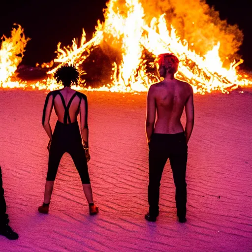 Image similar to photograph of three ravers photographed from behind, talking around a fire, photorealistic, dancefloor kismet, diverse costumes, clean composition, desert transition area, bonfire, night, australian desert, xf iq 4, symmetry, sony a 7 r, 1 5 0 mp, 5 0 mm