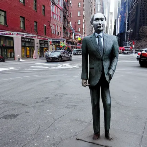 Prompt: a sculpture of putin standing in the middle of a street in new york city,