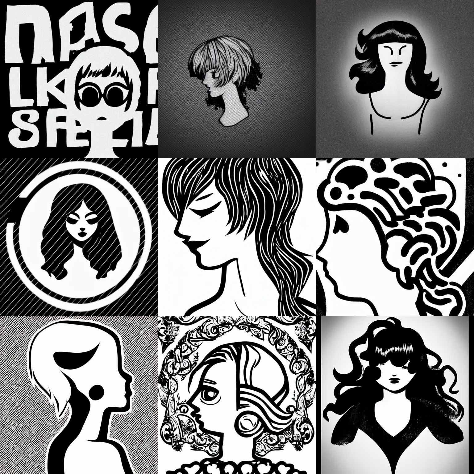 Prompt: black and white logo of faceless woman head and shoulders and hair, central composition, elegant, simple, in style of scott pilgrim