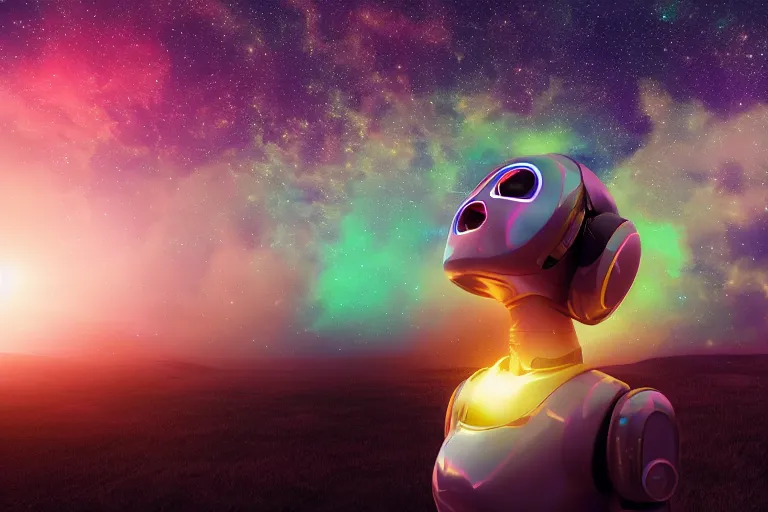 Image similar to a beautiful calm robot girl looking up to the stars, photograph, colorful background, render, 3 d, render, 8 k, 4 d,
