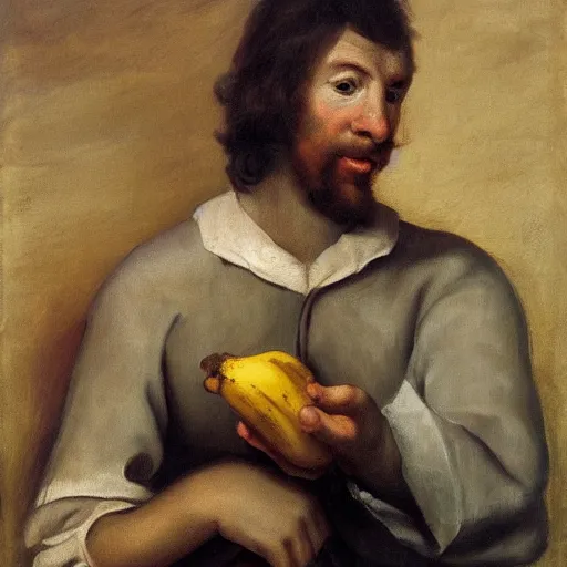 Prompt: man caressing a banana, oil painting, 1 6 6 9, high quality, high resolution