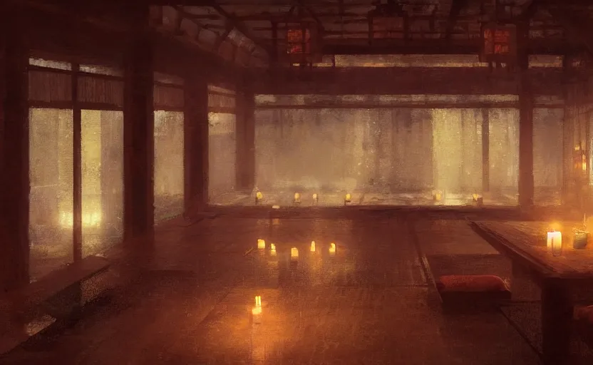 Image similar to painting of an interior Japanese bathhouse with candles by Greg Rutkowski and Craig Mullins, Dark atmospheric sad and cinematic lighting, Trending on artstation