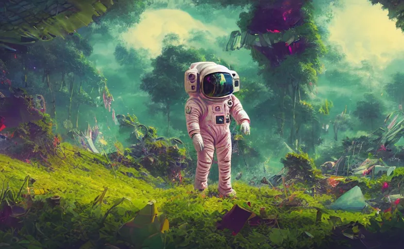 Image similar to a beautiful 8 bit painting of a cute adorable kawaii futuristic vr plastic android astronaut sitting on a lush planet of foliage, the destroyed wreckage of a crashed spaceship, steam, thick colorful smoke, ross tran, ron walotsky, greg rutkowski, trending on artstation