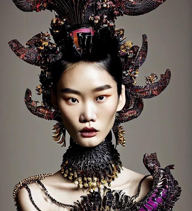 Image similar to photography american portrait of a stunning asian woman like ming xi. great hair style,, half in shadow, natural pose, natural lighing, rim lighting, wearing an ornate stunning sophistical fluid dress and hat iris van herpen, colorfull newbaroque makeup by benjamin puckey, highly detailed, skin grain detail, photography by paolo roversi