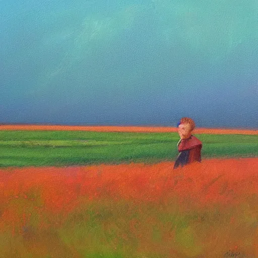 Prompt: painting by artemov leonid ， clean grassland with only one person in the distance