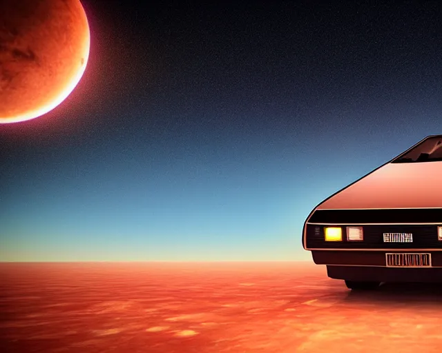 Image similar to doc brown and the delorean on mars, sunset, volumetric light