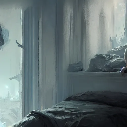 Image similar to nightmonster, standing beside the bed watching you sleep, detailed face, intricate, detailed, volumetric lighting, scenery, digital painting, highly detailed, artstation, sharp focus, illustration, concept art, ruan jia, greg rutkowski