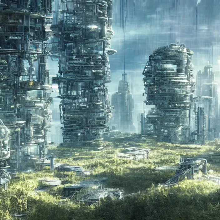 Prompt: a building in a serene landscape, biopunk